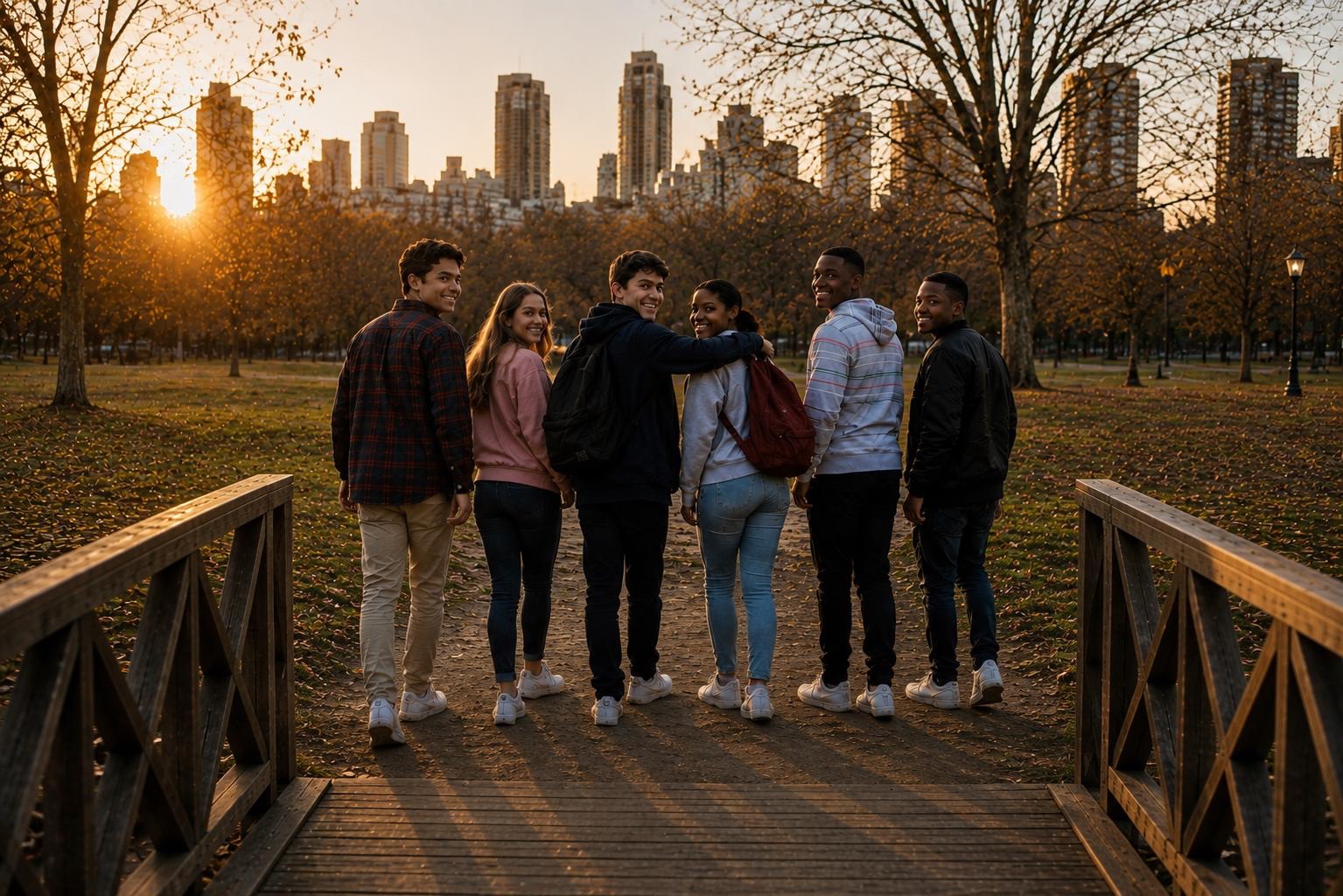 The boy from the bridge smiles back with his arm around a friend as their group stands on park ground beyond the bridge landing